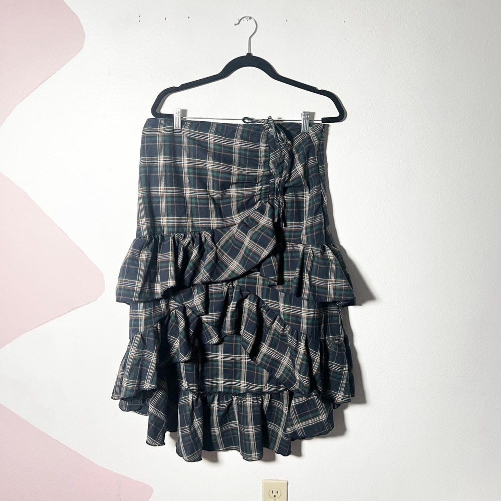 Plaid Ruffle Midi Skirt XL Dark Academia Cottagecore Boho